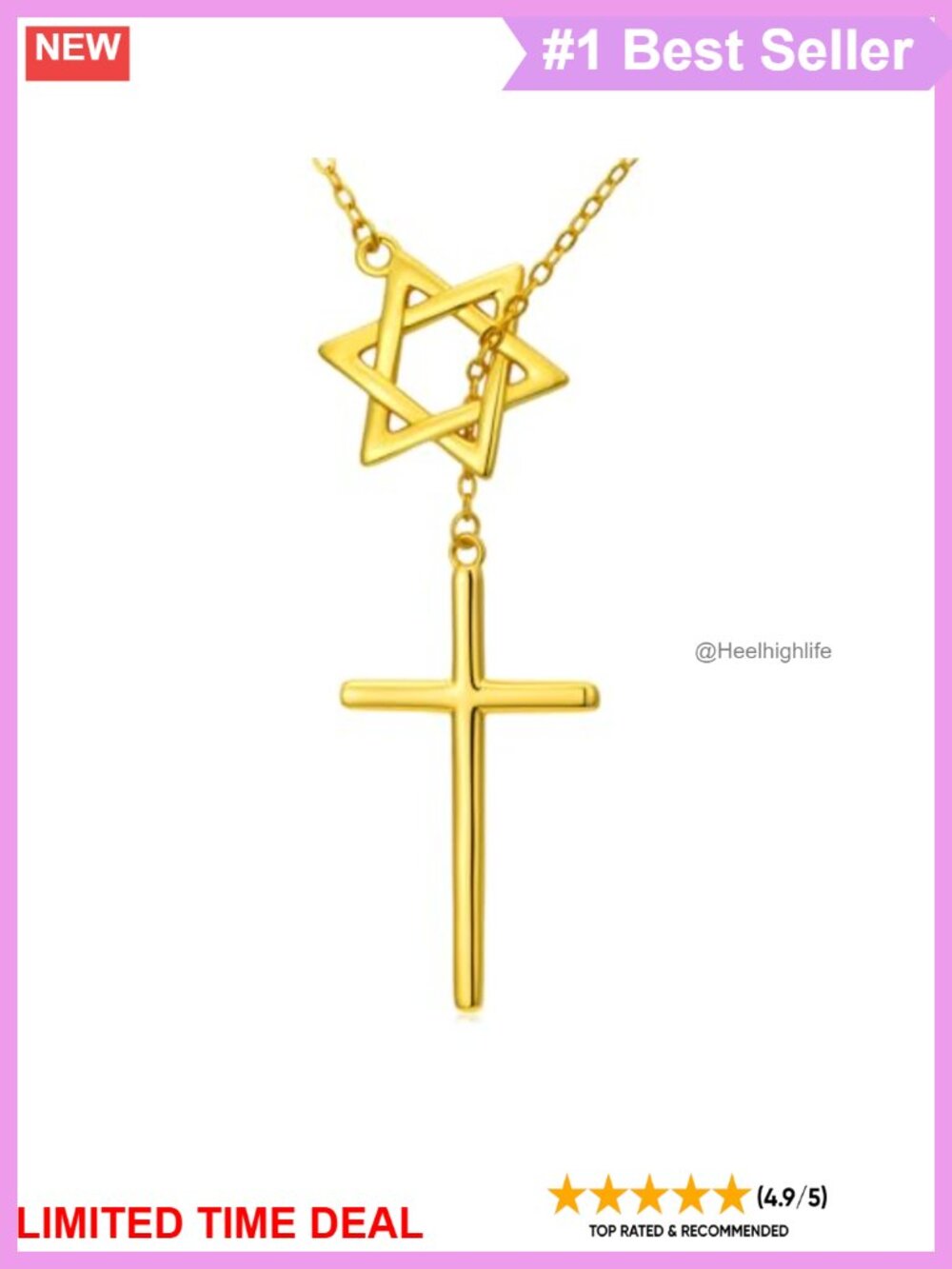 Sterling Silver Cross Necklace 14K Gold Plated Star of David Slide Chain